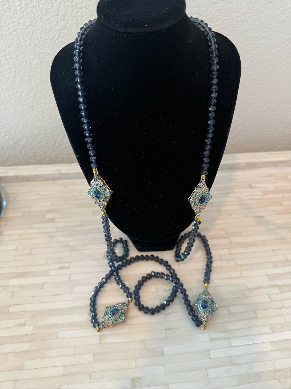 Heidi Daus Dark Blue Beaded Necklace with Ornate Rhinestone Pendants
